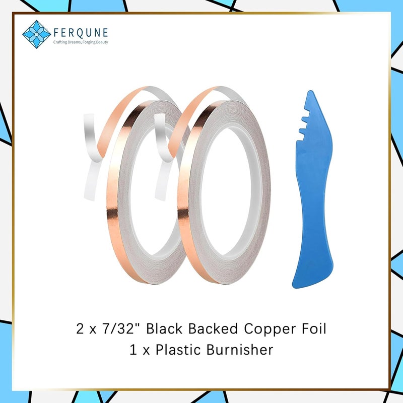 Ferqune 7/32 Inch Silver Backed Copper Foil Tape for Stained Glass, 2 Rolls, 1 Burnisher - Image 2